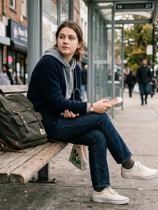 Woman in casual school outfit sitting on bench with backpack in urban setting