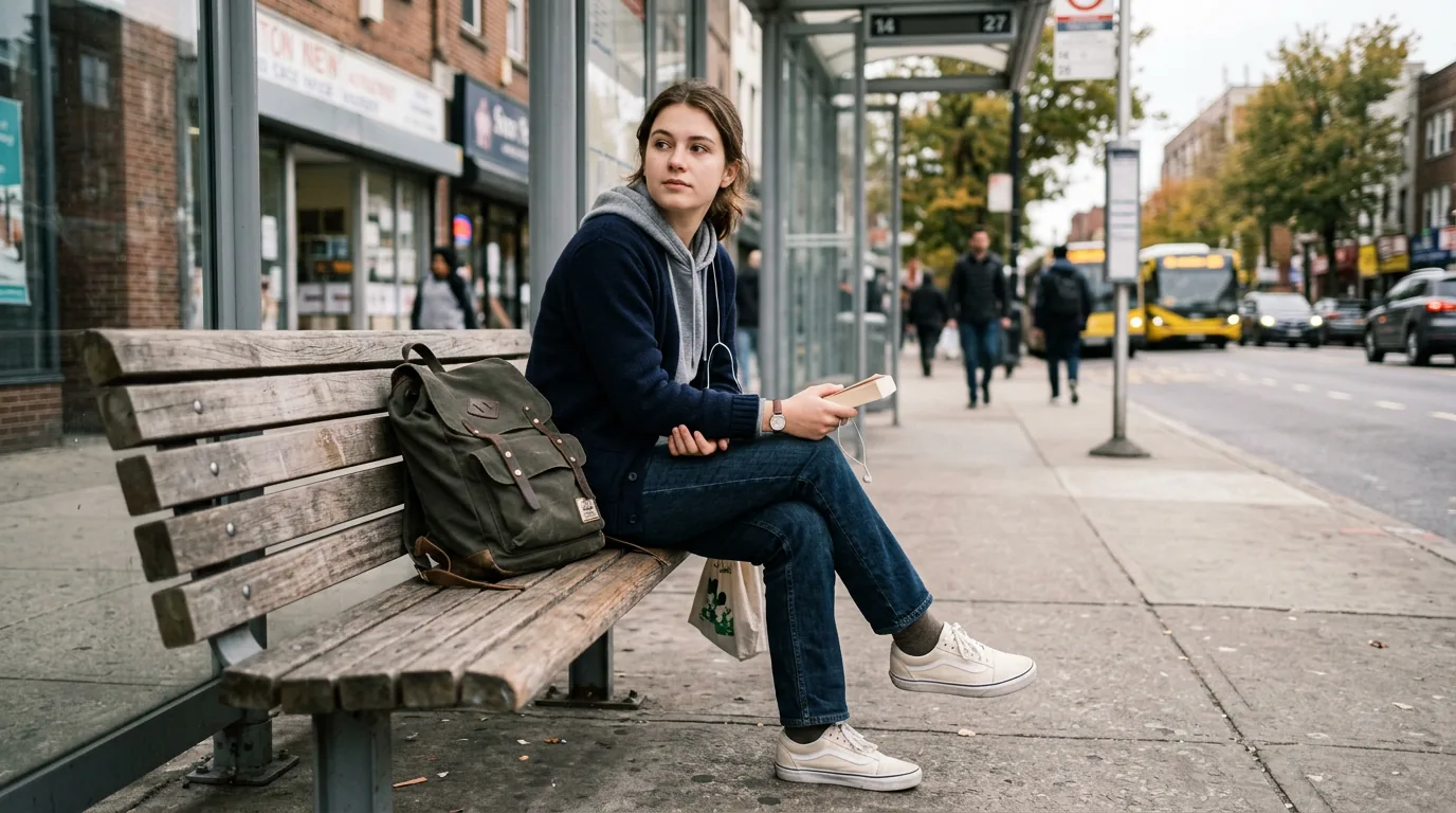Woman in casual school outfit sitting on bench with backpack in urban setting