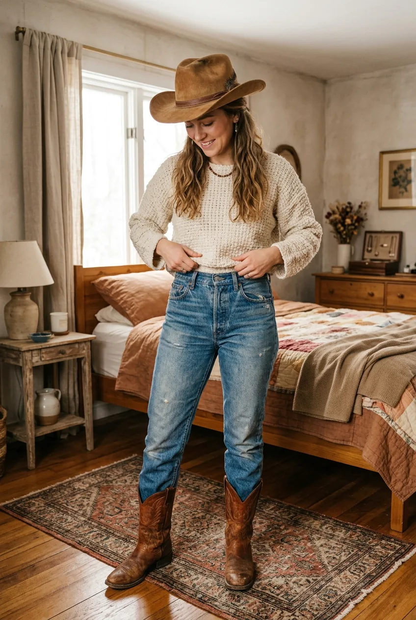 Woman wearing complete texture-layered western outfit with suede hat, woven top, worn denim, and cognac boots