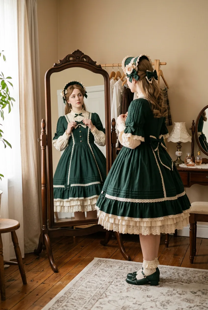 Woman trying on elegant classic lolita coordinate while looking in dressing room mirror