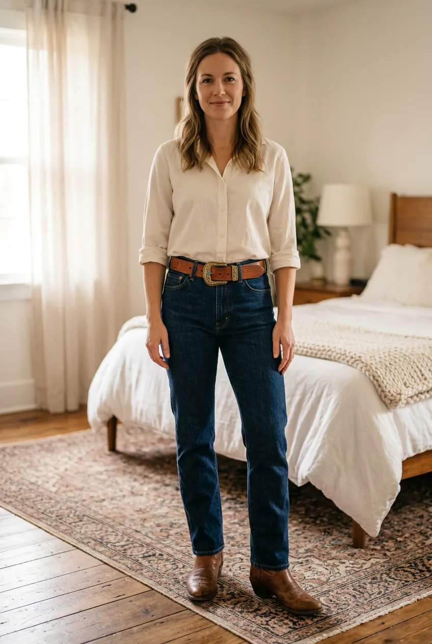 Woman wearing western outfit with cognac leather belt and tucked blouse showing belt buckle detail clearly