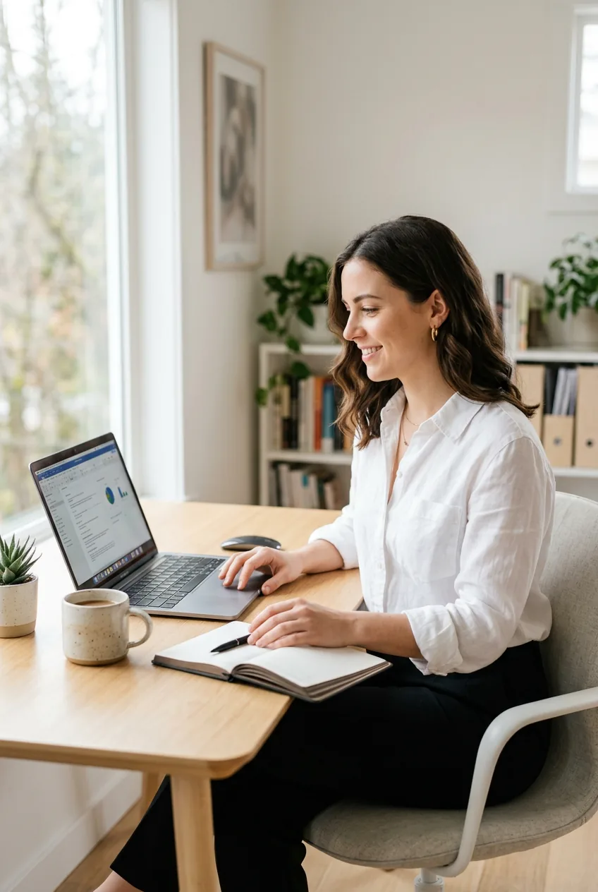 Woman wearing white button-down shirt and black trousers at modern home office desk with laptop and coffee mug