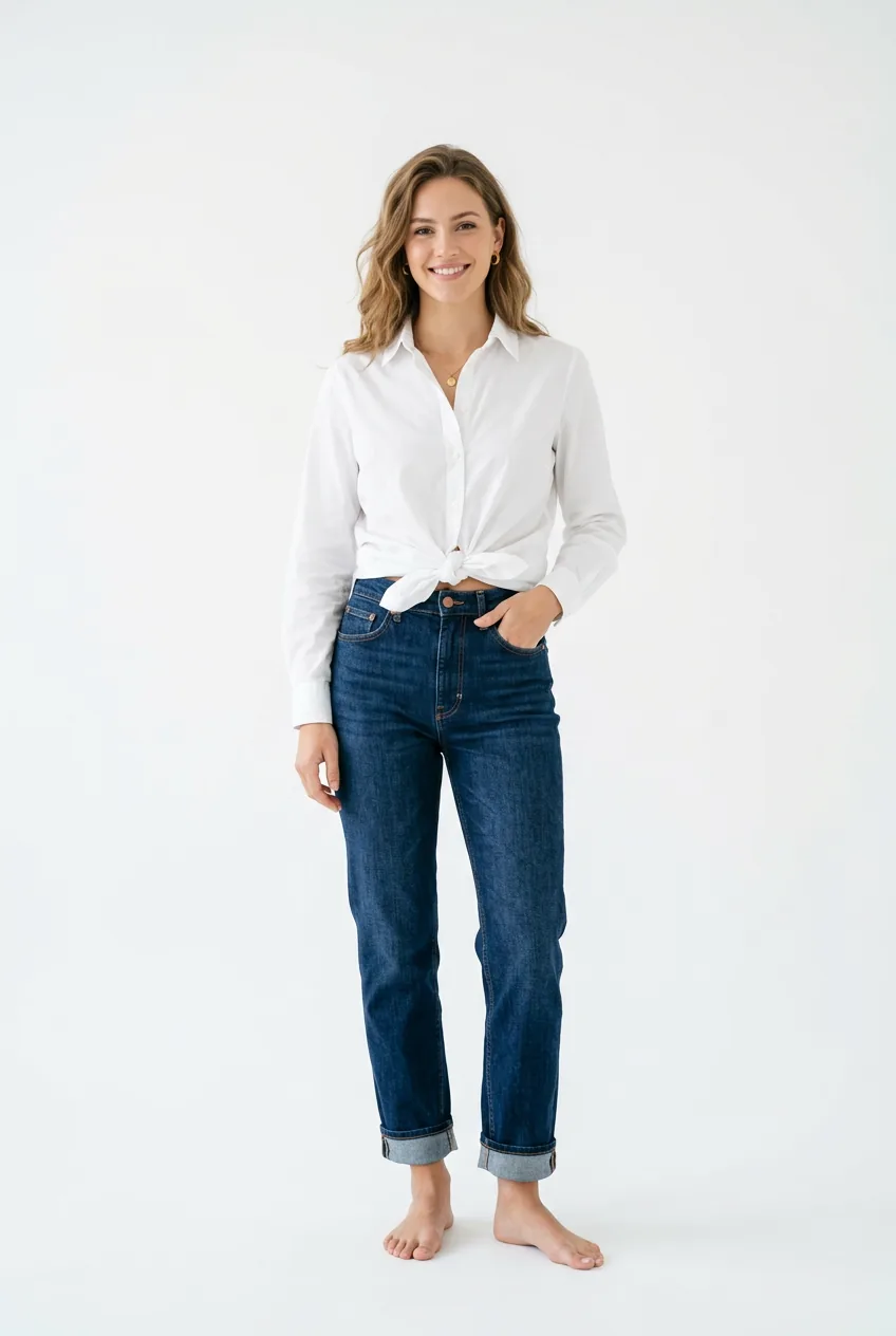 Woman wearing white button-down shirt knotted at waist with high-waisted straight leg jeans