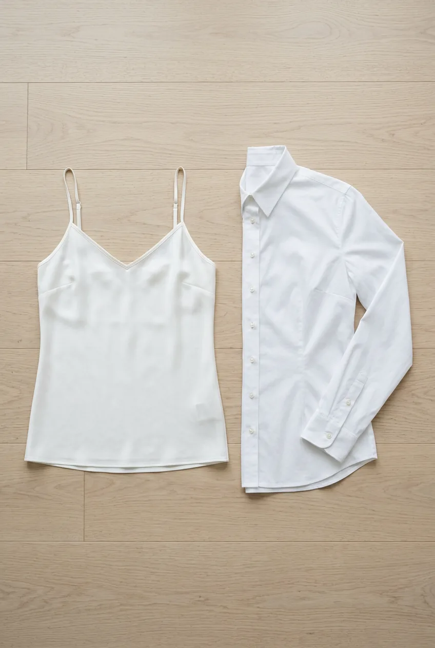 Flat lay of white silk cami and fitted white button-down shirt arranged side by side on light wood floor