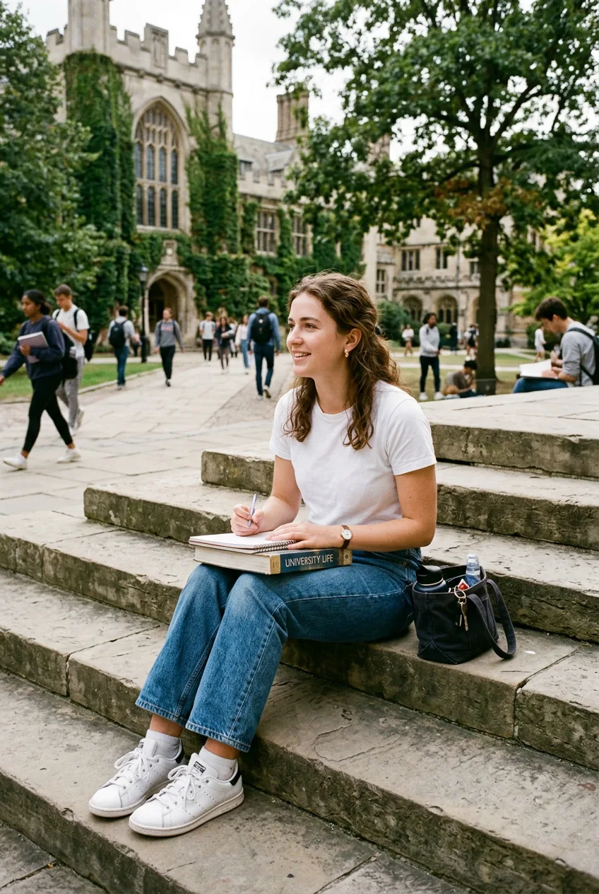 Woman wearing white t-shirt, jeans and white sneakers sitting on university campus steps with textbooks