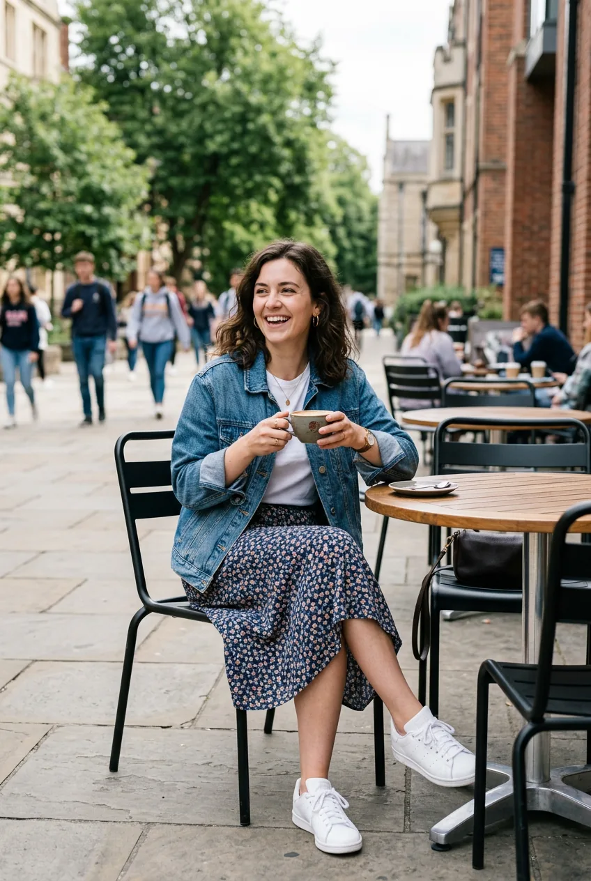 Woman styling white tee, midi skirt and denim jacket while sitting at outdoor cafe