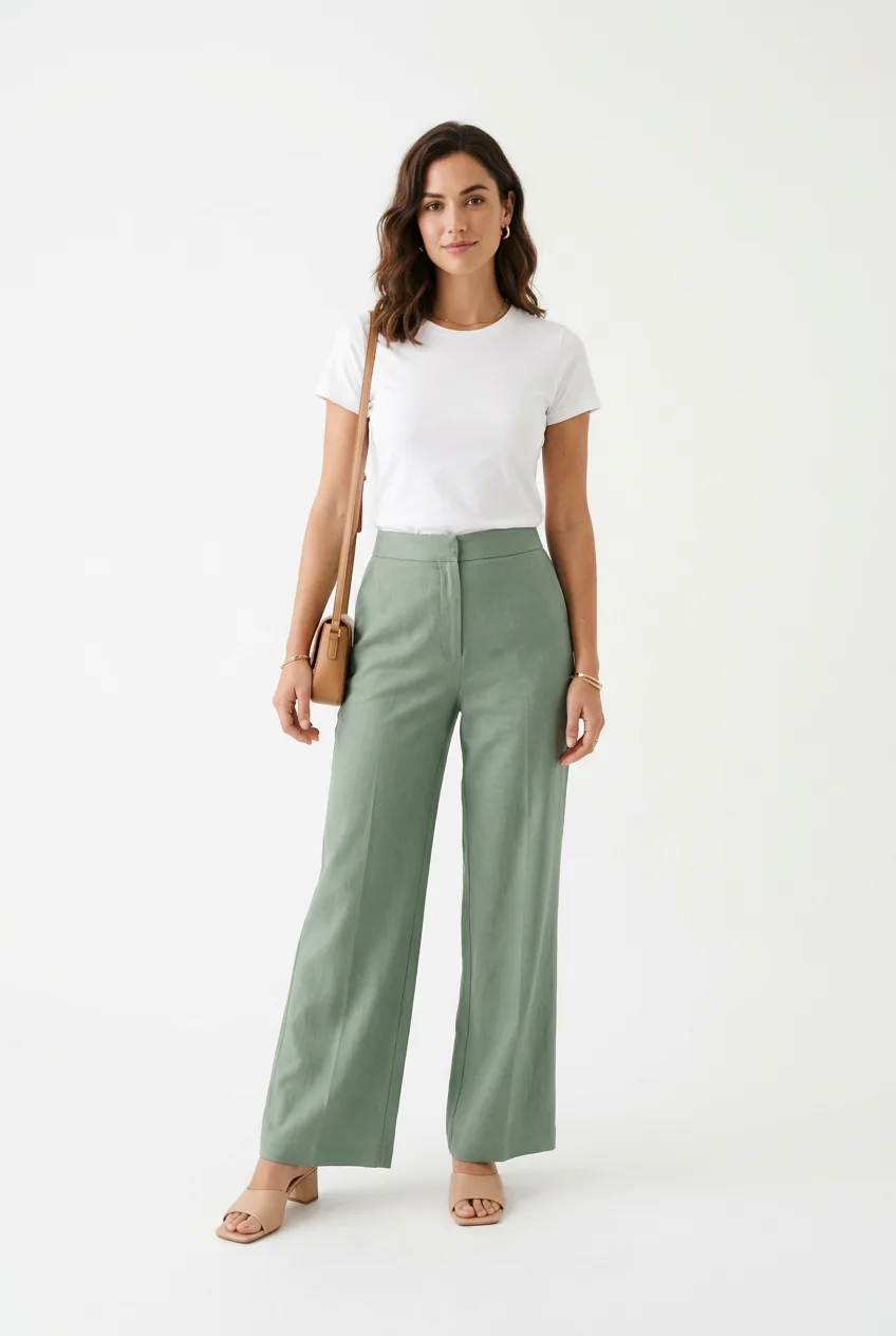 Woman in white cotton t-shirt paired with sage green wide-leg trousers