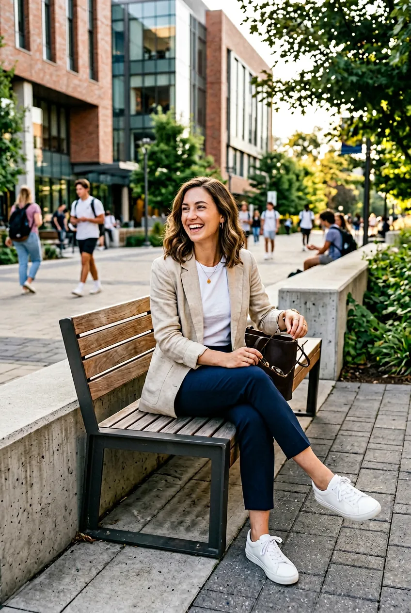 Woman in effortlessly chic white tee, trousers and blazer sitting on modern bench