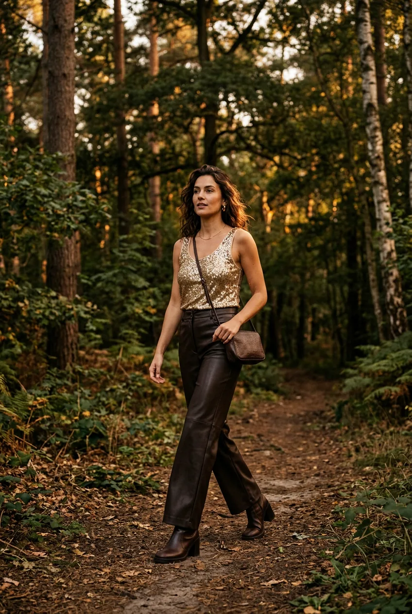Woman in wide-leg leather-look trouser and gold sequined tank with block-heel boot on a dusk-lit forest trail