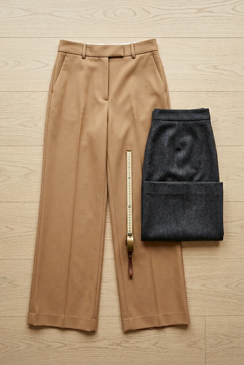 Flat lay of high-waisted camel wide-leg trousers and charcoal wool midi skirt on light wood floor in daylight