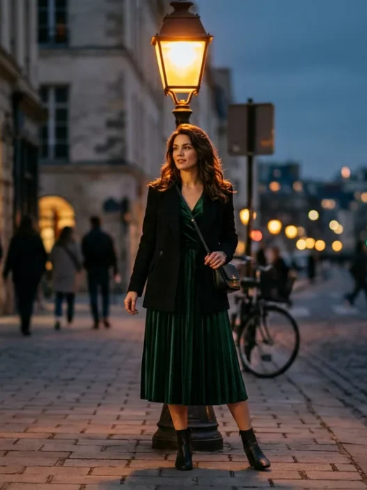 Woman in forest green velvet midi dress and black blazer under warm amber street lamp at dusk