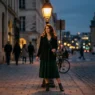 Woman in forest green velvet midi dress and black blazer under warm amber street lamp at dusk