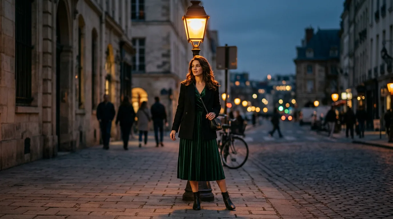 Woman in forest green velvet midi dress and black blazer under warm amber street lamp at dusk