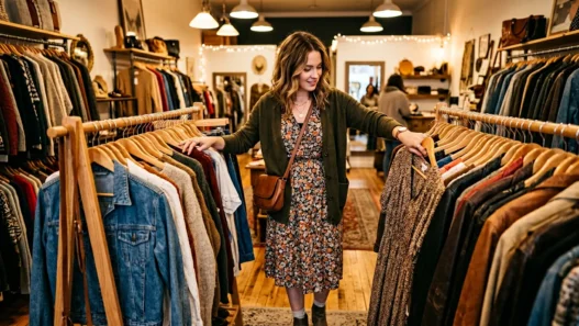 Woman flipping through clothing racks in warmly lit vintage boutique with styled outfit visible