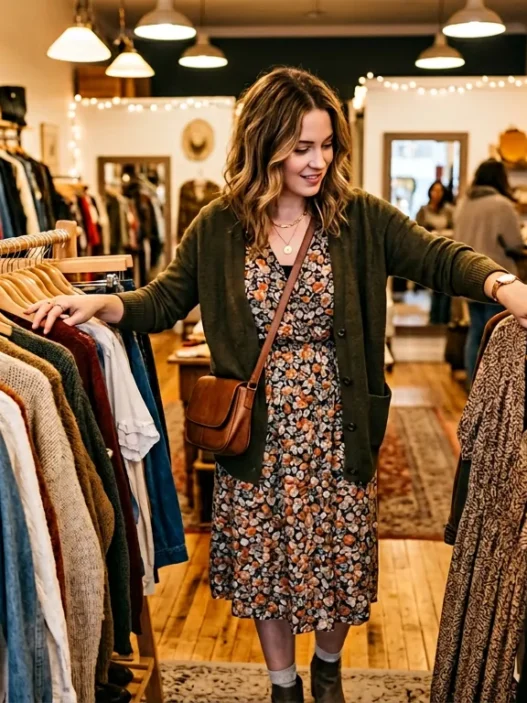 Woman flipping through clothing racks in warmly lit vintage boutique with styled outfit visible