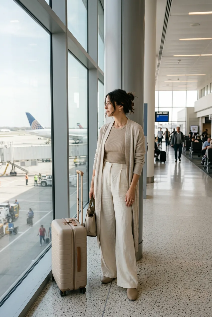 Woman wearing ribbed top wide-leg trousers and longline cardigan standing at airport terminal window