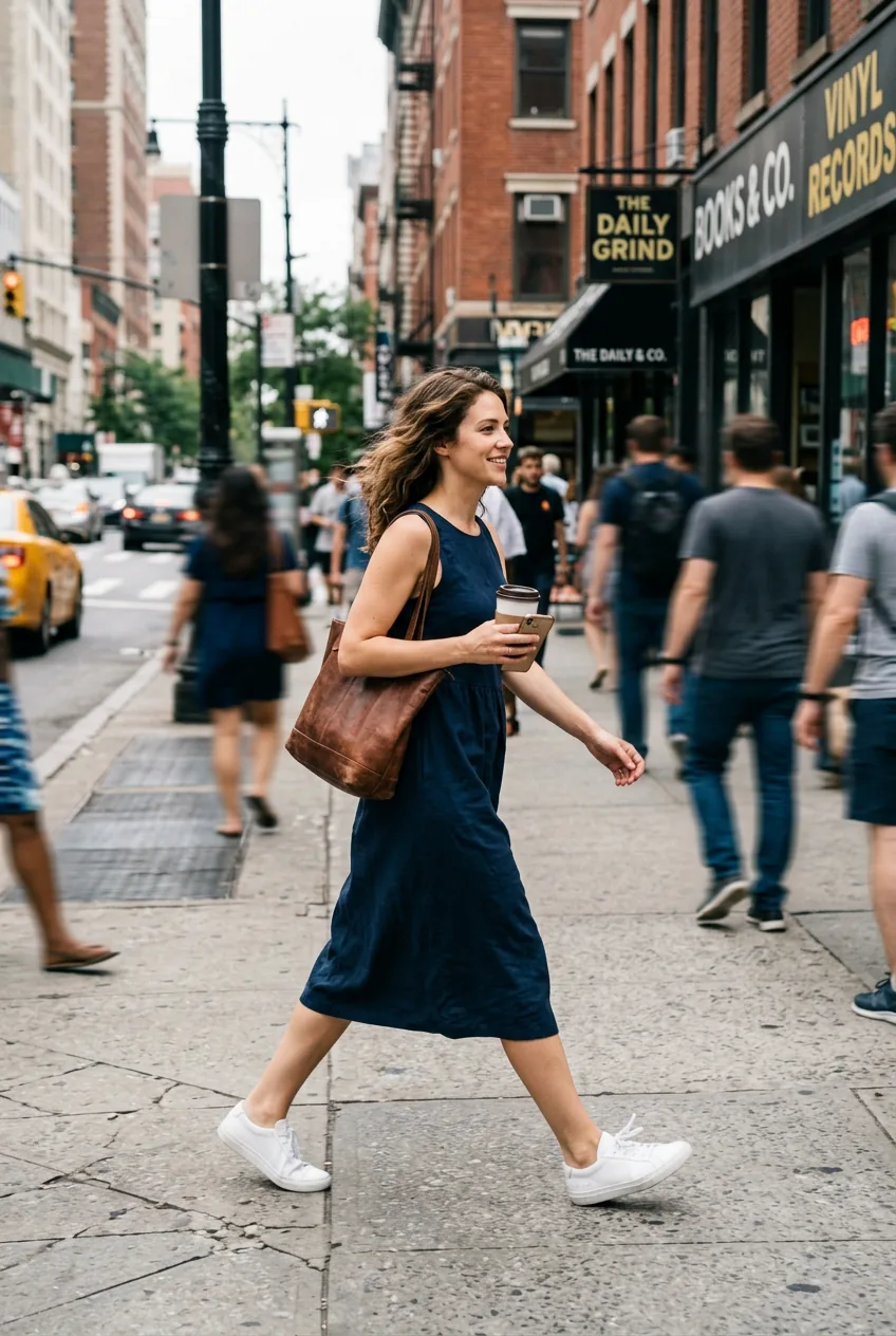 Woman walking on city sidewalk wearing navy casual dress with urban pedestrian background