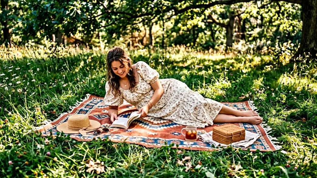 Woman reclining on picnic blanket wearing flowing summer outfit in dappled golden sunlight