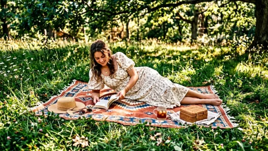 Woman reclining on picnic blanket wearing flowing summer outfit in dappled golden sunlight