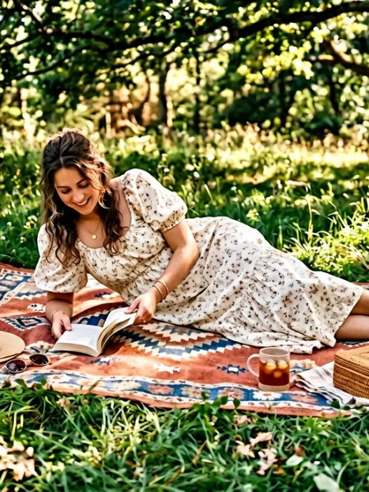 Woman reclining on picnic blanket wearing flowing summer outfit in dappled golden sunlight