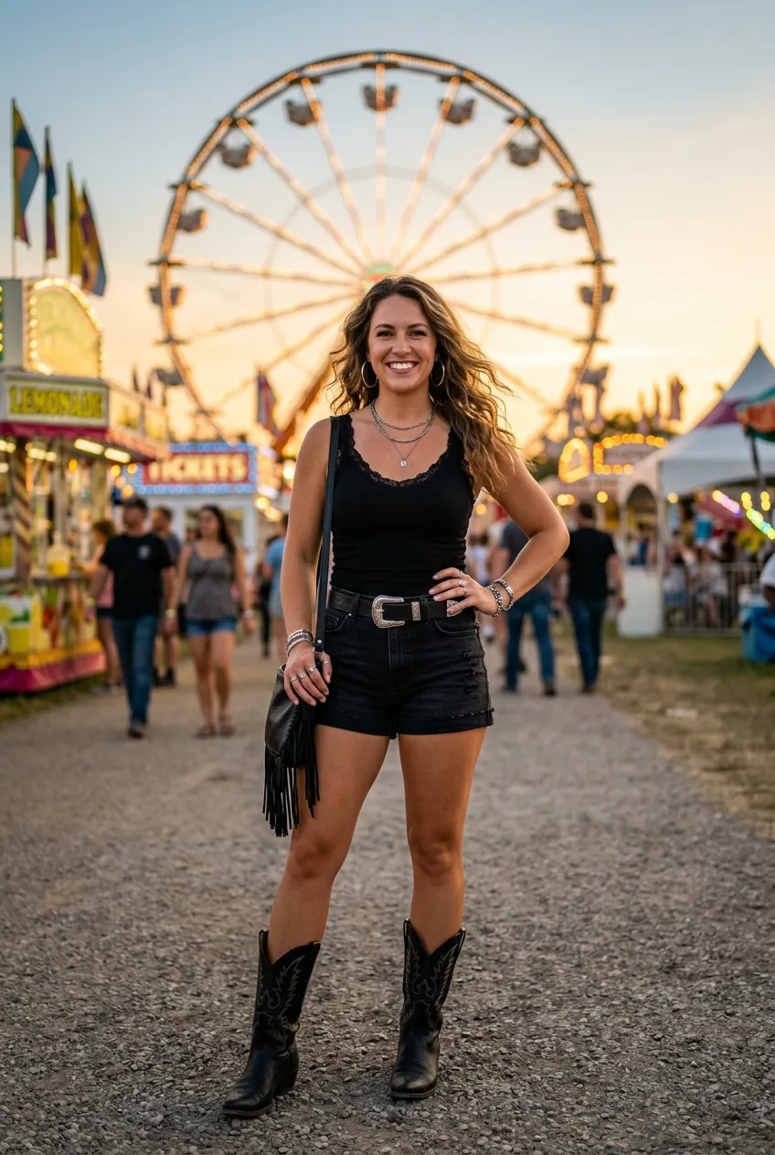 Woman in all-black outfit with cowboy boots and silver belt buckle at summer fair with ferris wheel background