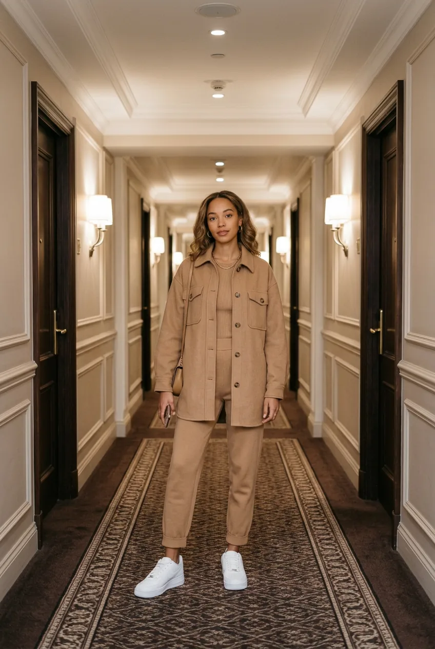 Woman in all-camel monochrome outfit with oversized shacket matching joggers and ribbed top in symmetrical hotel corridor