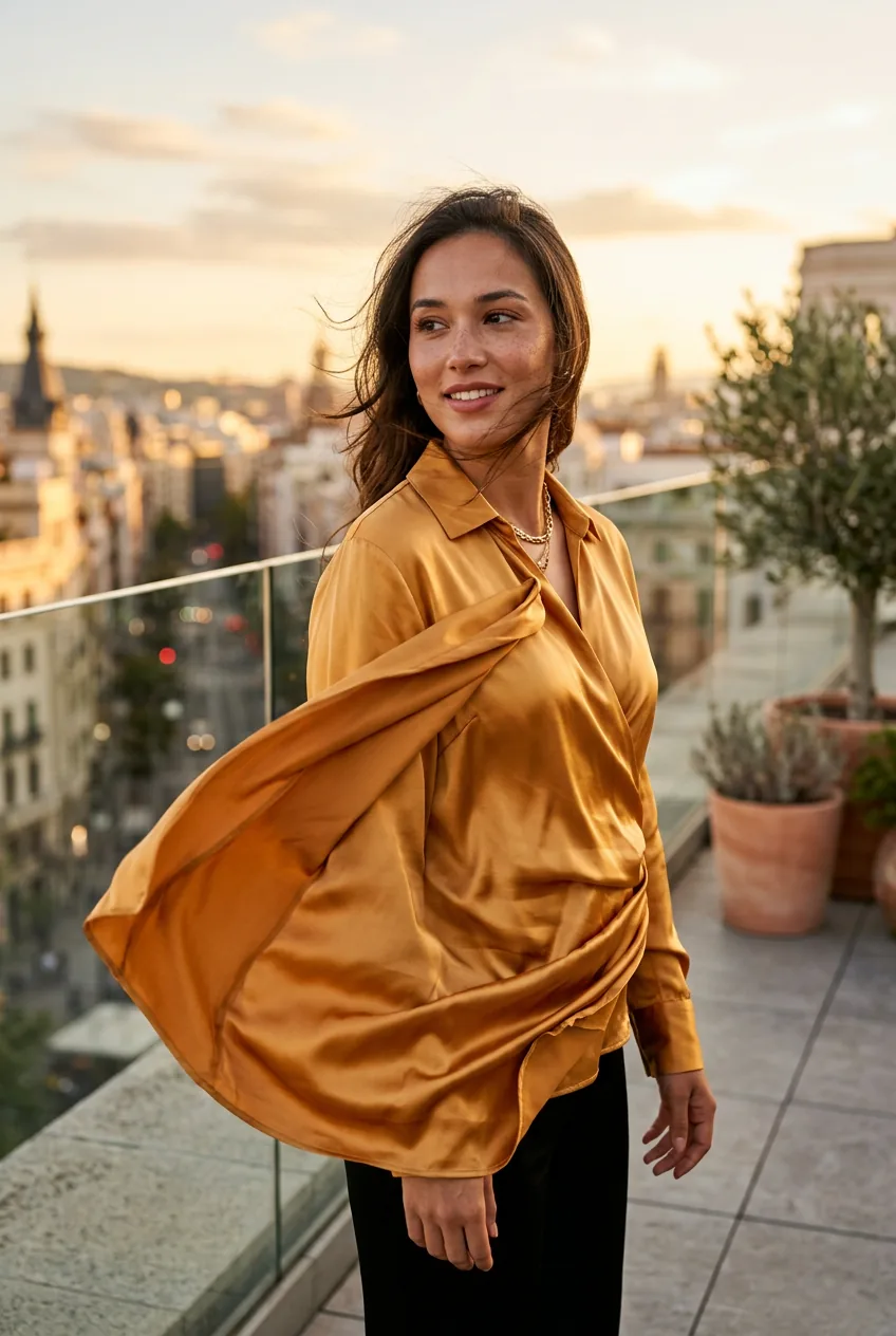 Close-up of an amber gold satin blouse draped at the front catching warm directional light on a rooftop terrace