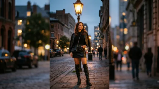 Woman in knee-high boots and ribbed top standing under warm amber street lamp at dusk in styled concert outfit