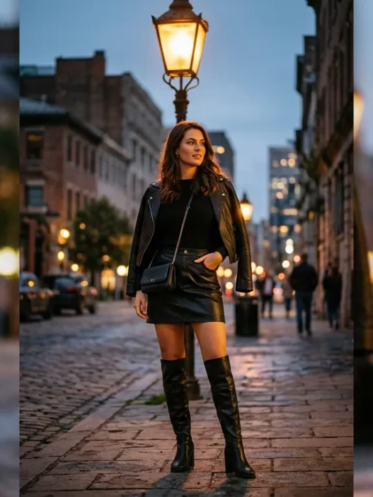 Woman in knee-high boots and ribbed top standing under warm amber street lamp at dusk in styled concert outfit