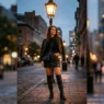 Woman in knee-high boots and ribbed top standing under warm amber street lamp at dusk in styled concert outfit