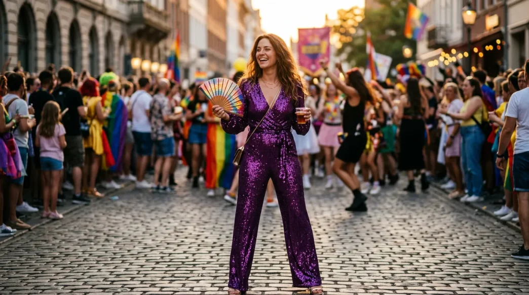 Woman in deep amethyst purple sequin jumpsuit at a street parade with warm amber light catching the sequins