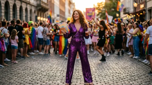 Woman in deep amethyst purple sequin jumpsuit at a street parade with warm amber light catching the sequins