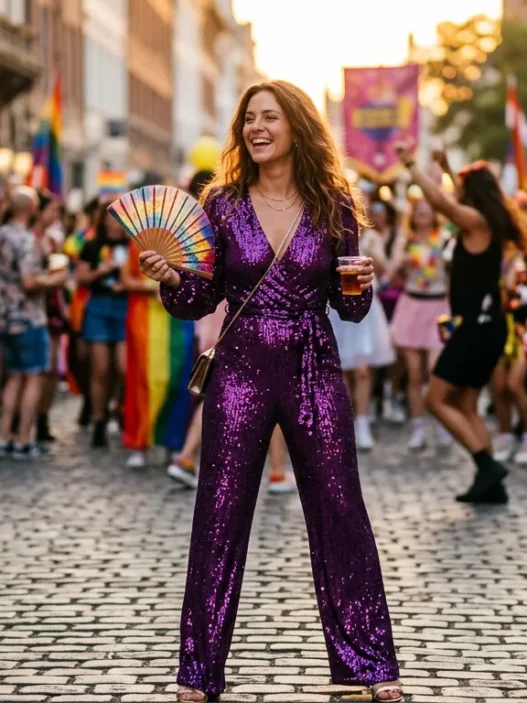 Woman in deep amethyst purple sequin jumpsuit at a street parade with warm amber light catching the sequins
