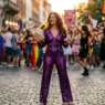 Woman in deep amethyst purple sequin jumpsuit at a street parade with warm amber light catching the sequins
