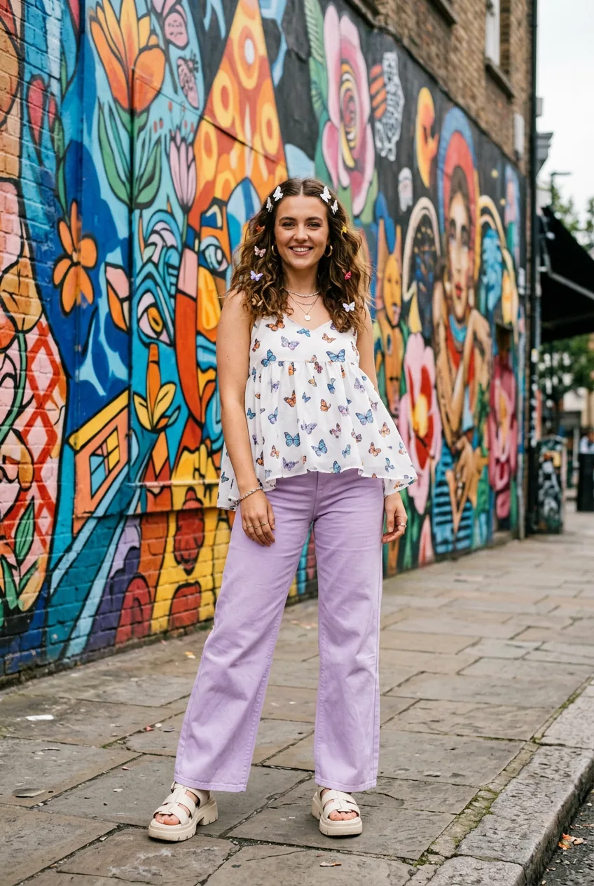 Woman in a flowy butterfly-print babydoll top tucked into high-waist lavender wide-leg trousers with butterfly clips and platform sandals