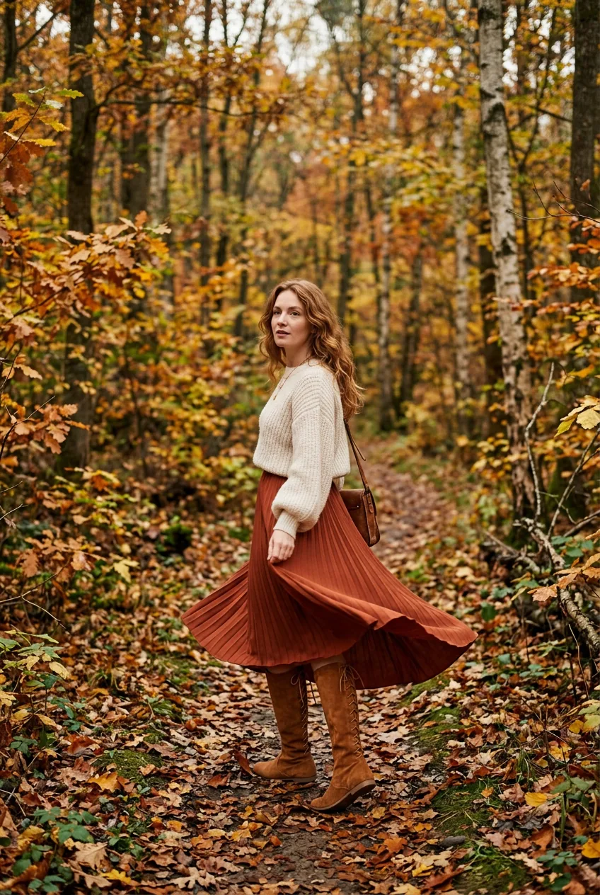 Woman in knee-high suede ballet boots and flowing rust midi skirt on a woodland path in autumn light