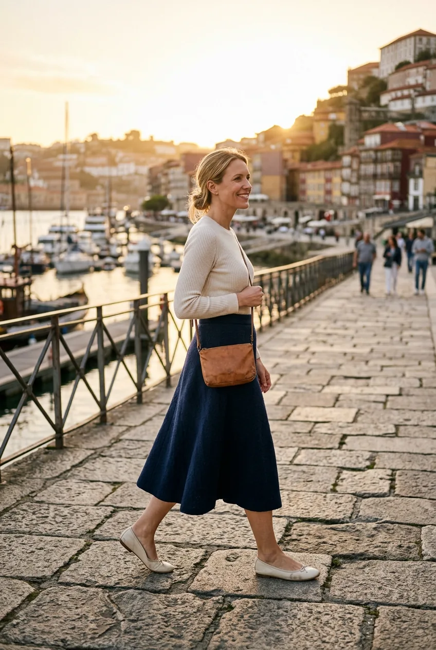Woman in ivory ballet flats with navy wool midi skirt and cream knit walking European cobblestone waterfront promenade