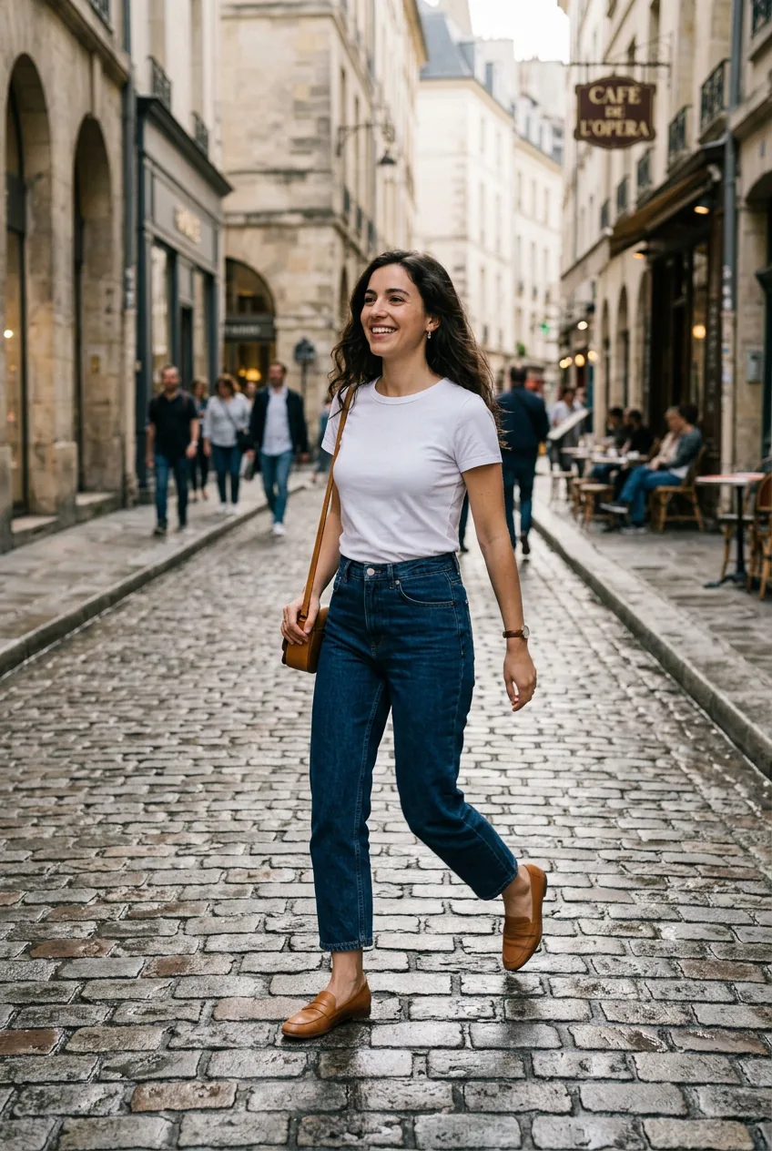 Woman mid-stride on cobblestone street in high-waisted barrel-leg jeans and fitted white tee with tan loafers