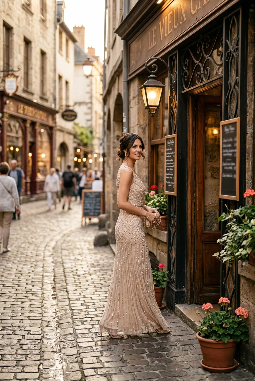 Woman standing near a European café in a floor-length beaded champagne midi dress with scattered bead detail in golden-hour light