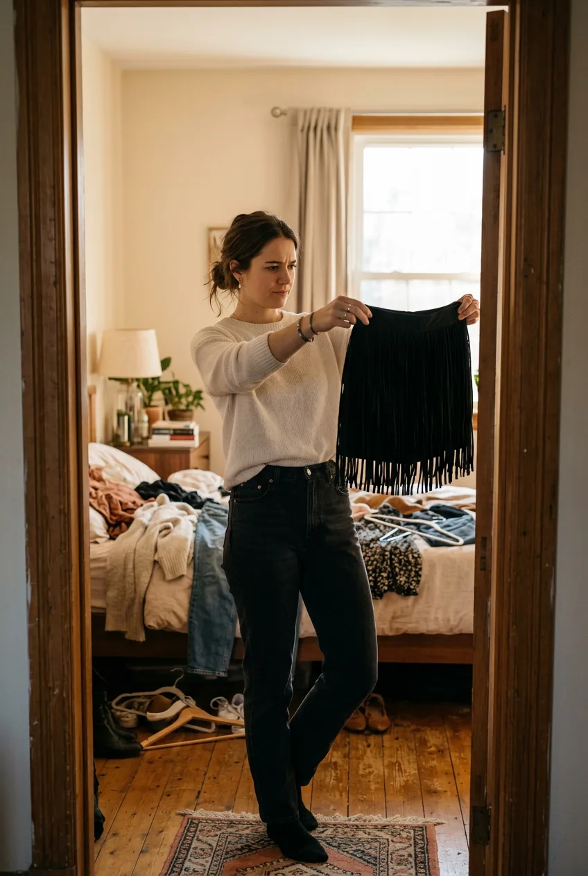 Woman holding a fringed mini skirt at arm's length with rejected outfits scattered on the bed behind her in morning light