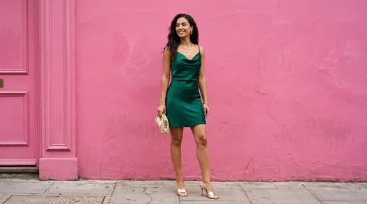 Woman in deep emerald satin cowl-neck mini dress with gold metallic mules against a vibrant pink wall