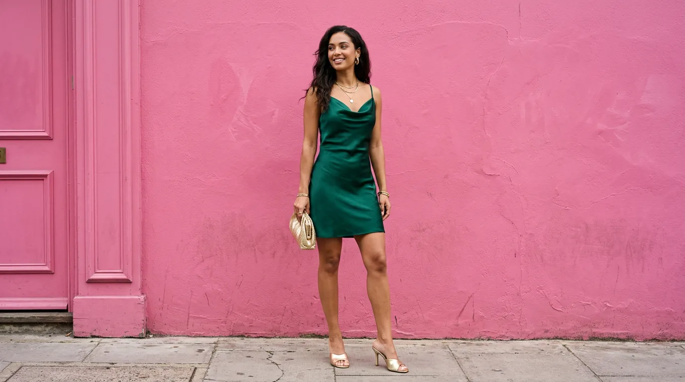 Woman in deep emerald satin cowl-neck mini dress with gold metallic mules against a vibrant pink wall