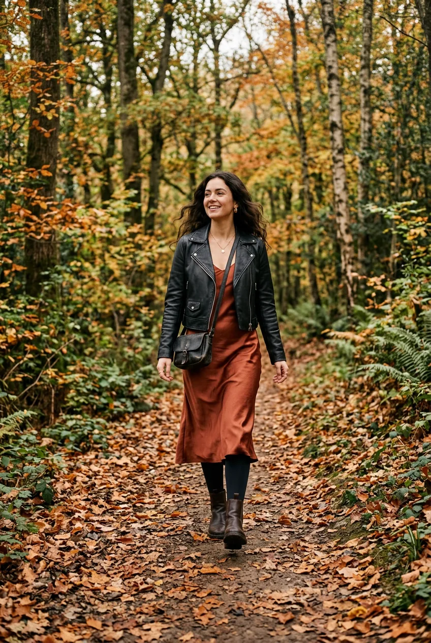 Woman in cropped black leather jacket over rust midi slip dress walking through autumn forest