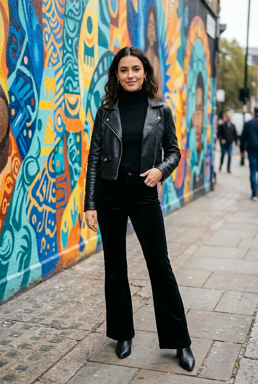 Woman wearing black velvet flare trousers, ribbed turtleneck, and cropped faux-leather moto jacket with stacked silver rings