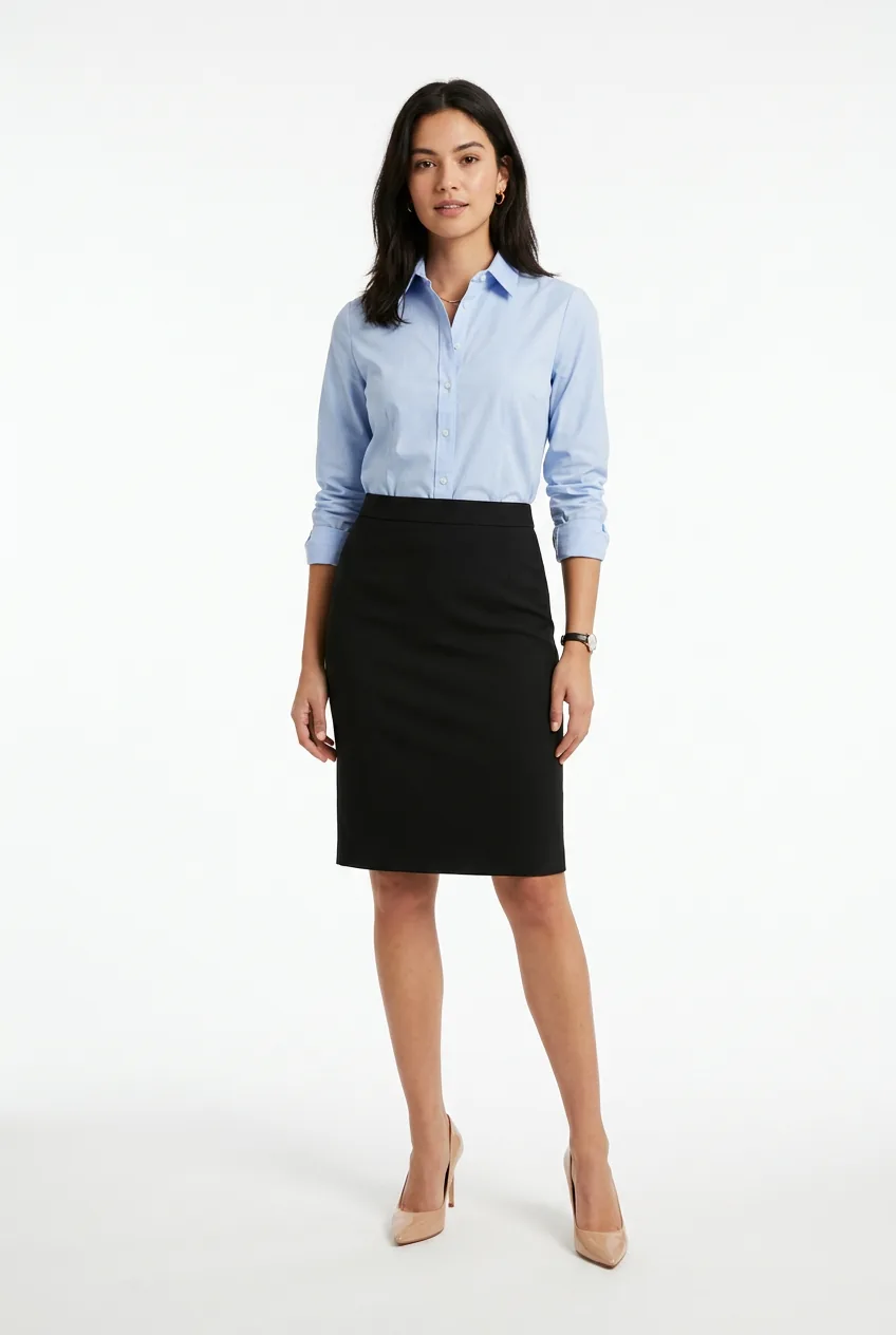 Woman in pale blue button-down shirt tucked into fitted knee-length black pencil skirt with nude heels