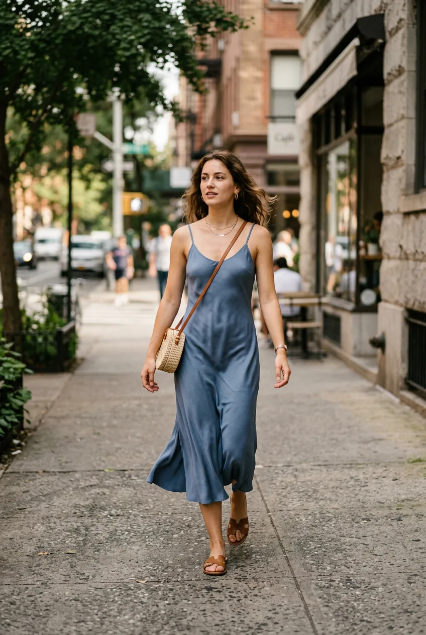 Woman in a flowing dusty blue midi slip dress with leather flat sandals on a shaded city sidewalk