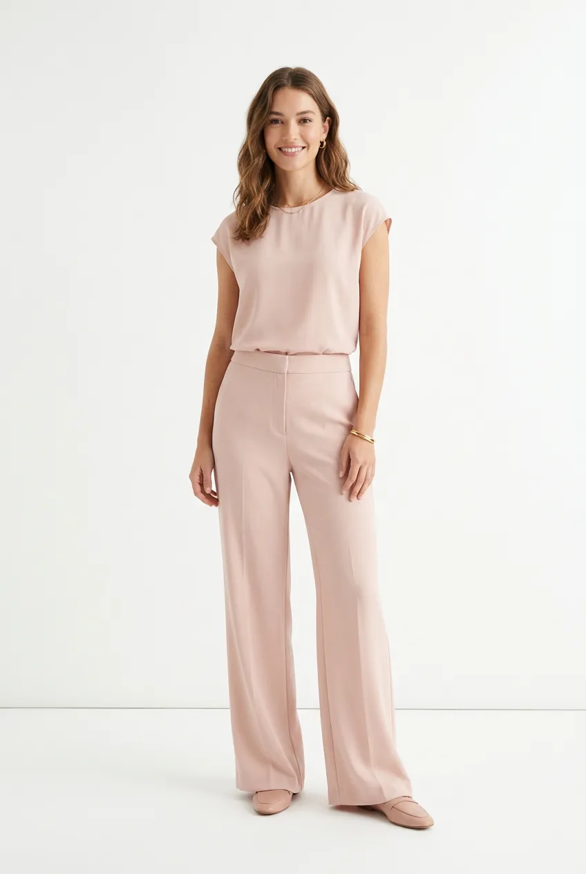 Woman wearing head-to-toe soft blush monochromatic outfit with wide-leg trousers and shell blouse