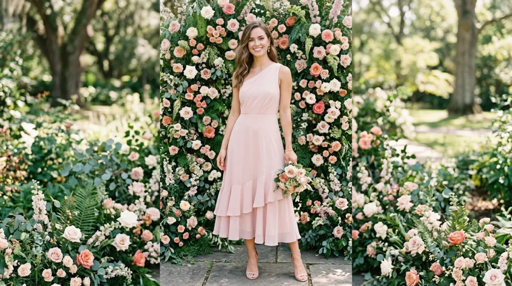 Woman in soft blush one-shoulder midi dress with ruffle hem posed in front of rose floral wall