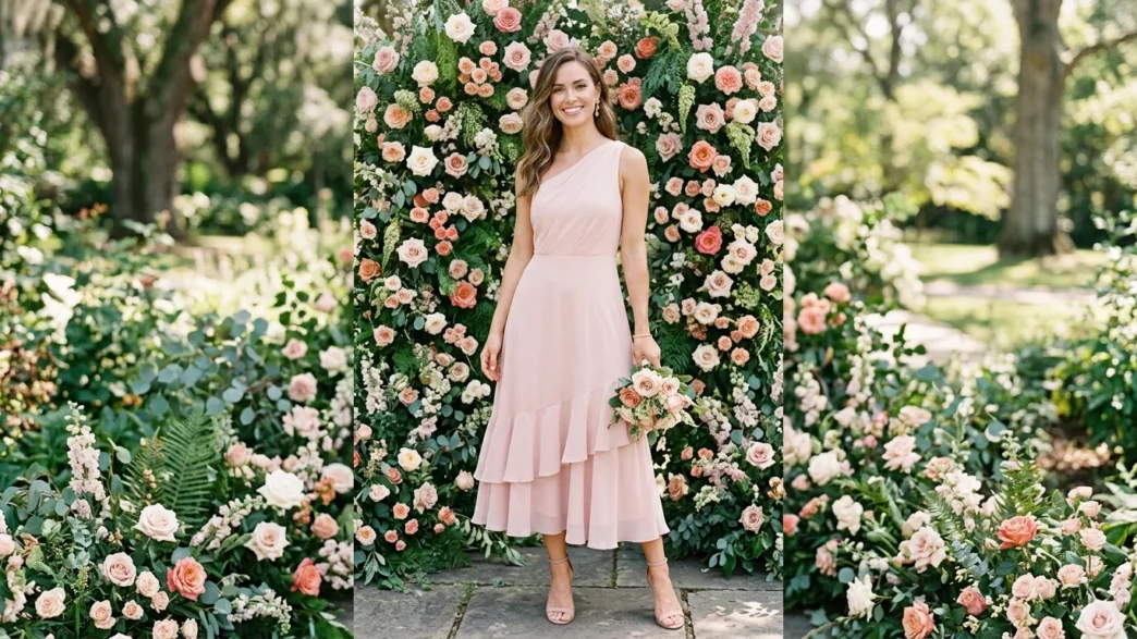 Woman in soft blush one-shoulder midi dress with ruffle hem posed in front of rose floral wall