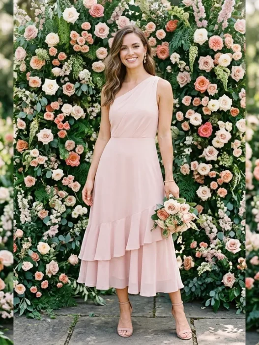 Woman in soft blush one-shoulder midi dress with ruffle hem posed in front of rose floral wall